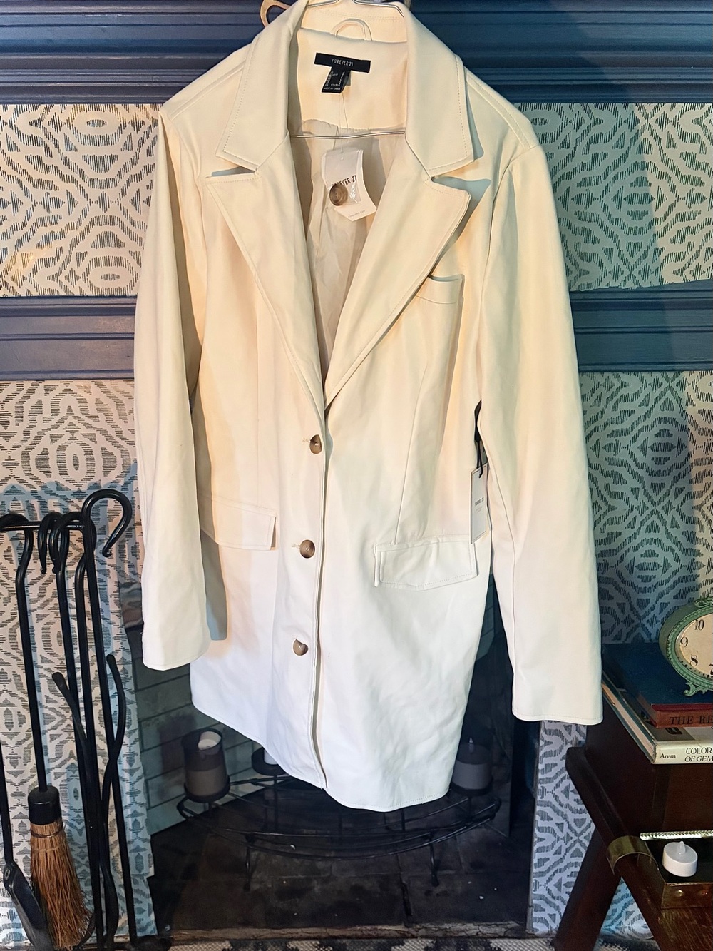 Forever 21 Cream Single-Breasted Long Blazer